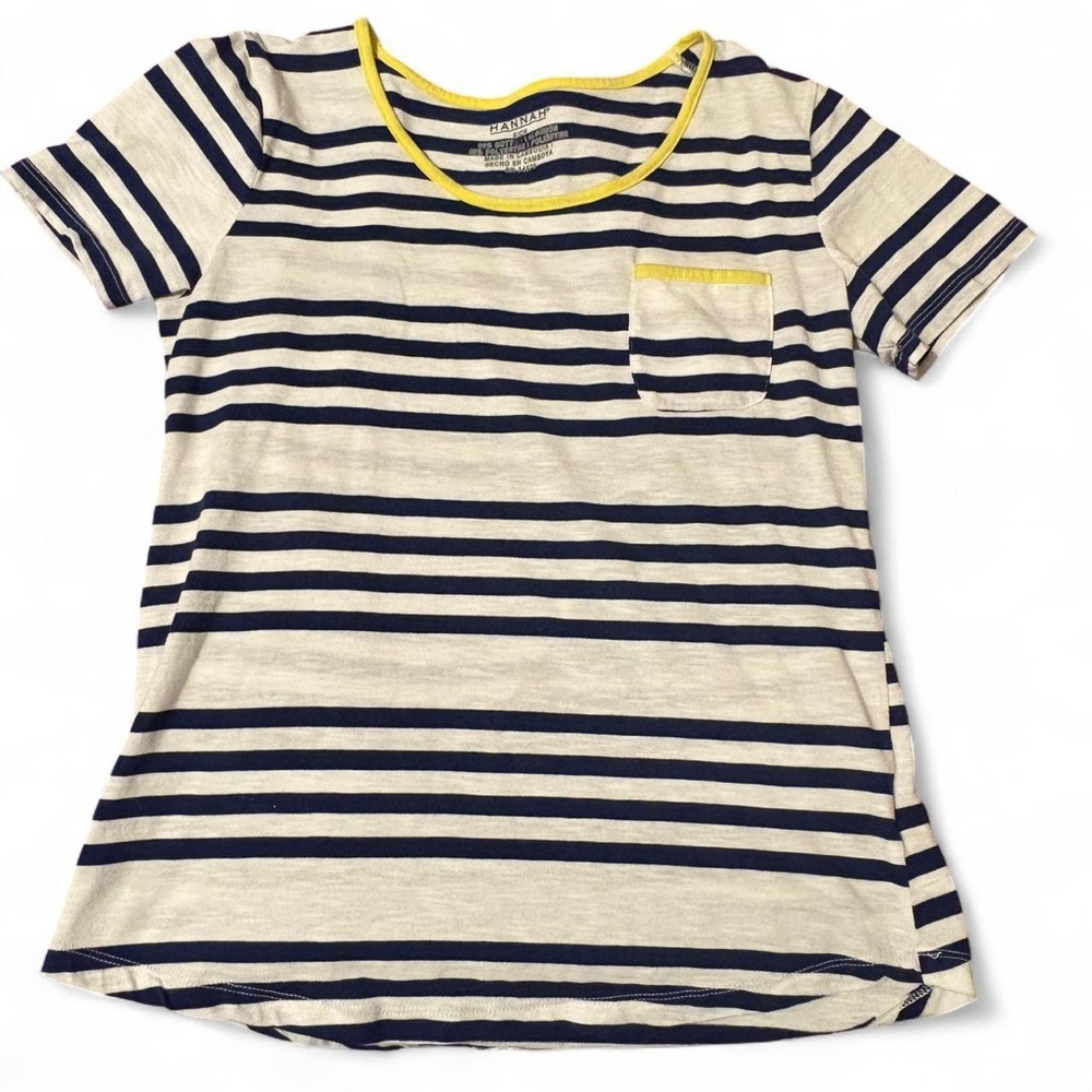 Hannah Navy and Cream Striped Tee with Yellow Trim